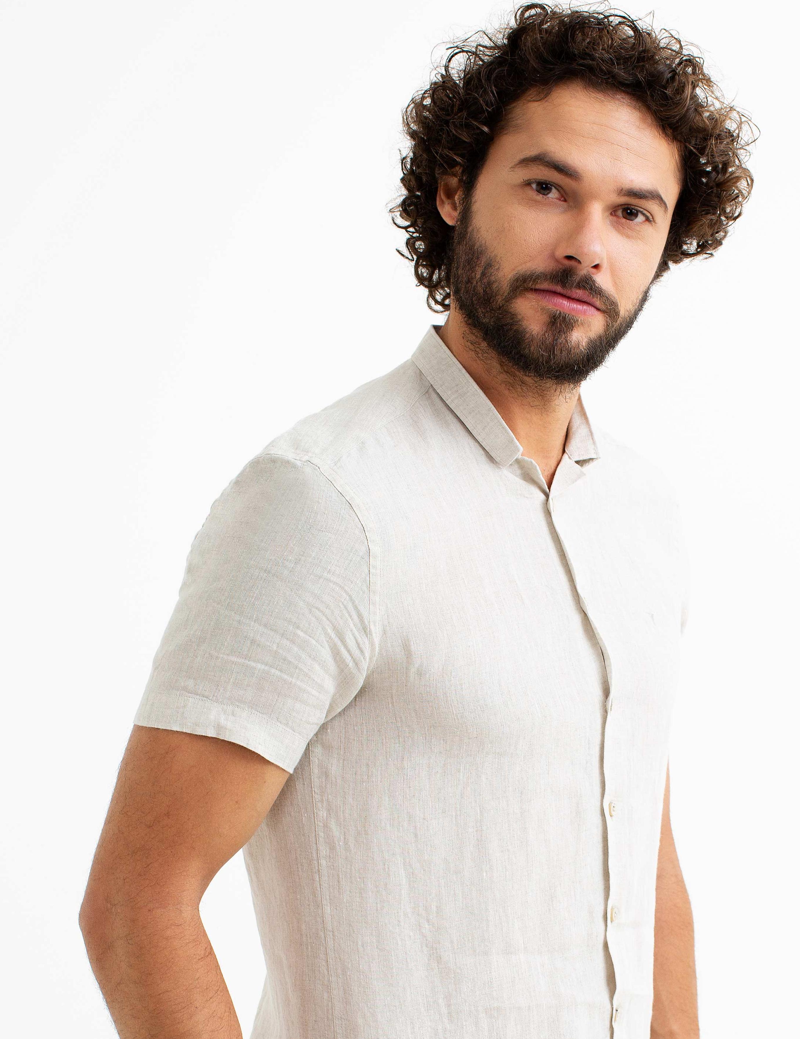 Bej Slim Fit %100 Keten Gömlek - 50188542041