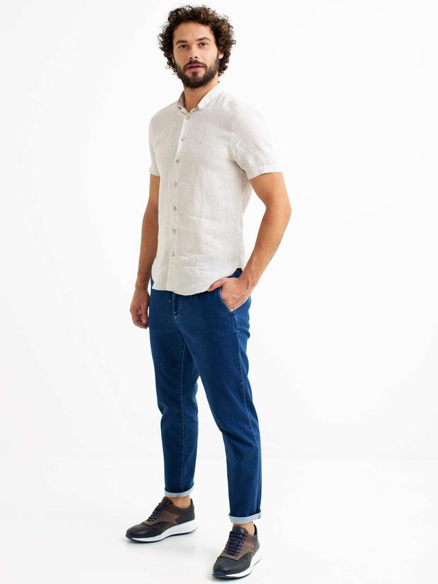 Bej Slim Fit Kısa Kollu Keten Gömlek