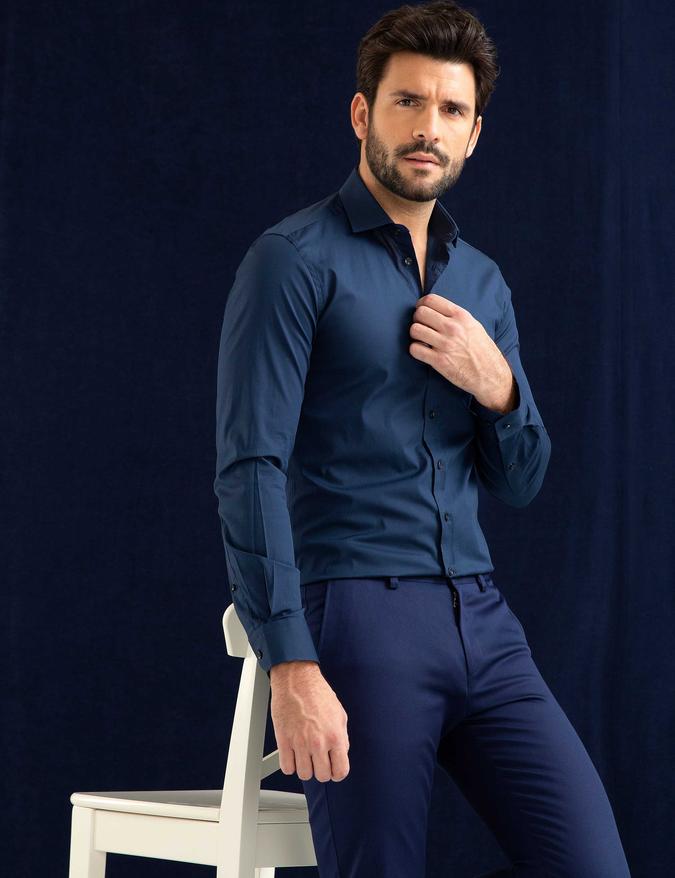 Lacivert Slim Fit Uzun Kollu Basic Gömlek