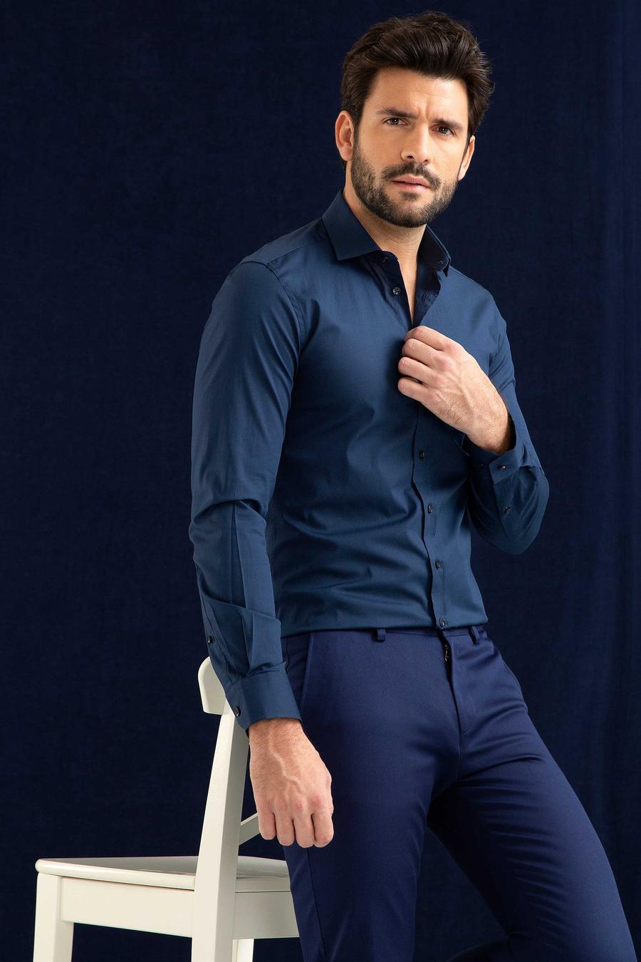 Lacivert Slim Fit Uzun Kollu Basic Gömlek - 50204896038