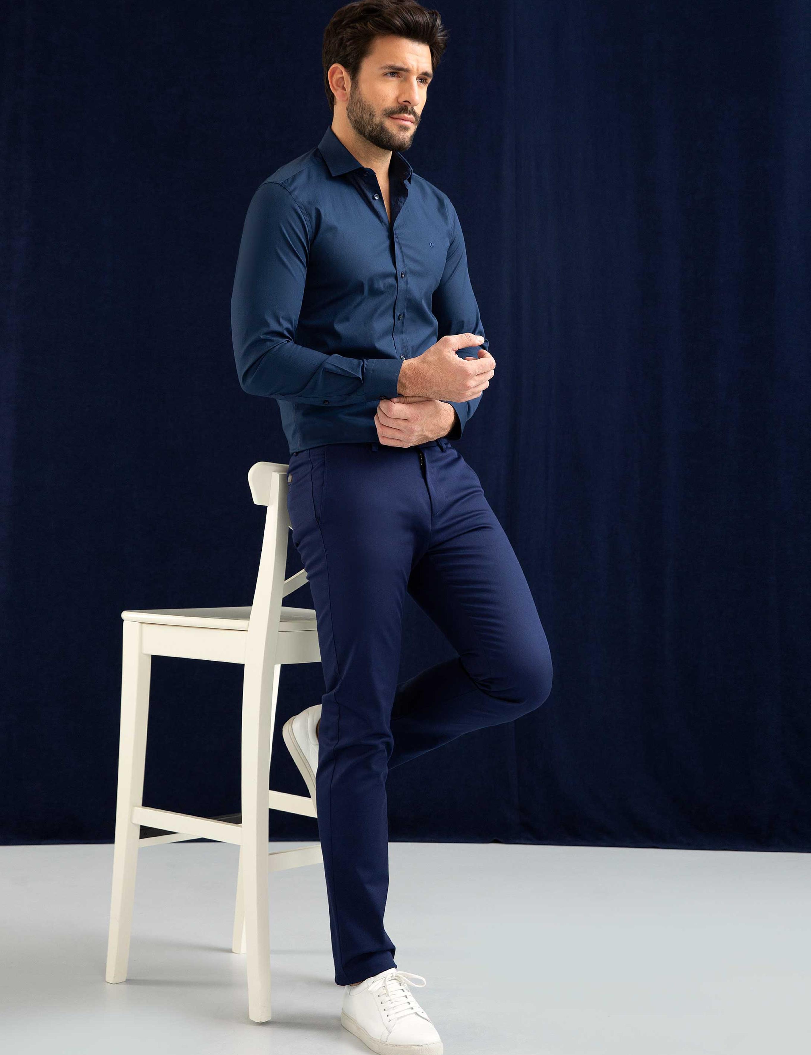 Lacivert Slim Fit Uzun Kollu Basic Gömlek - 50204896038