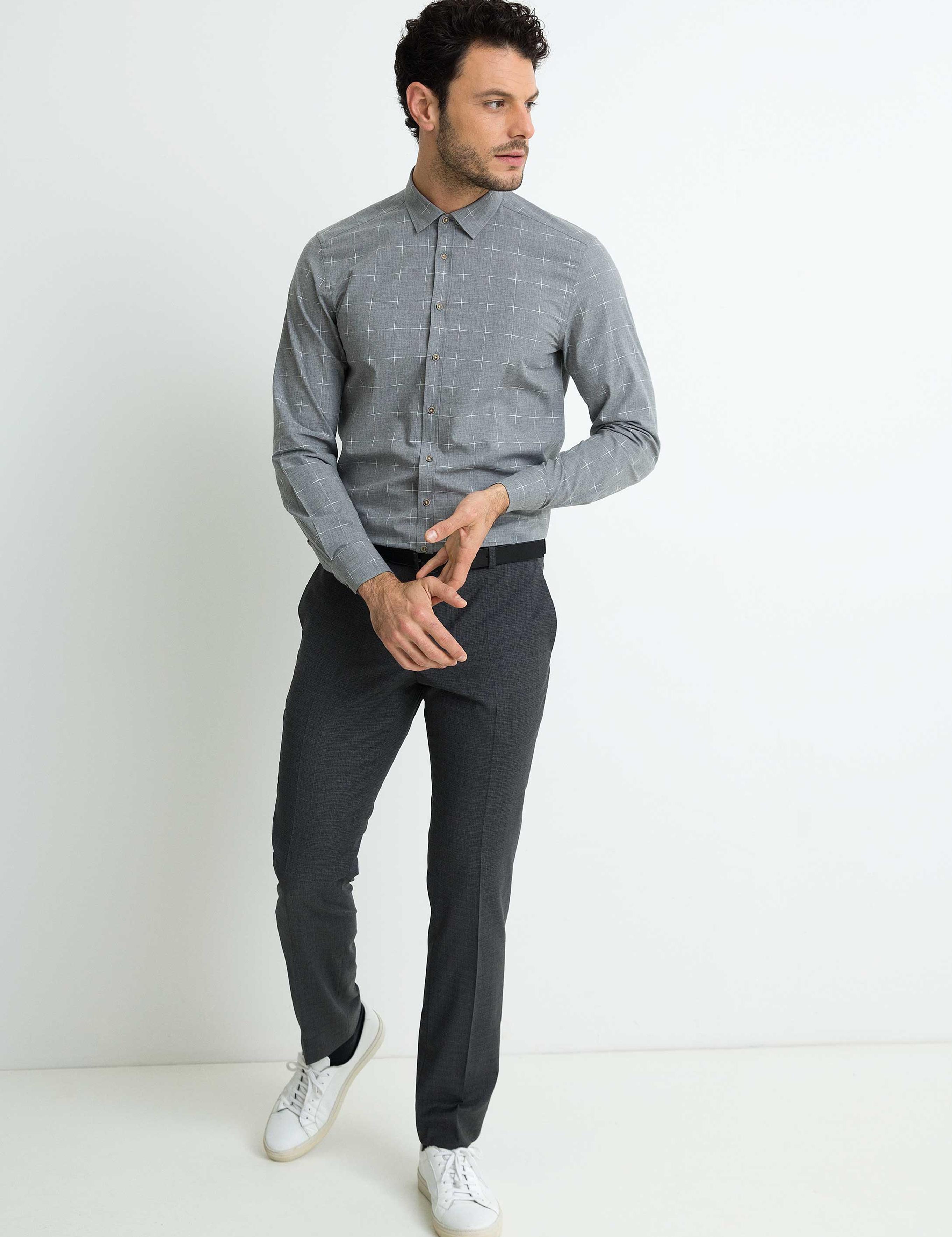 Gri Slim Fit Uzun Kollu Gömlek - 50192856026