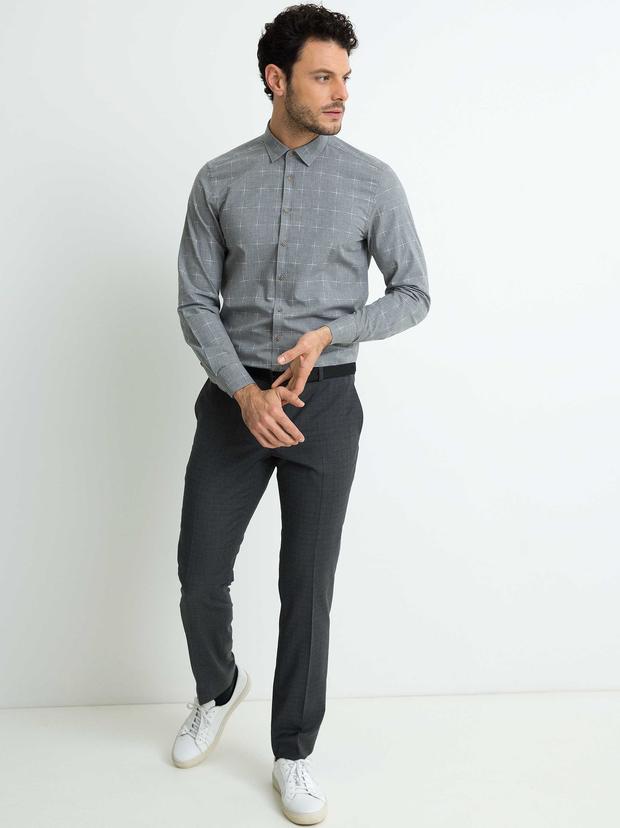 Gri Slim Fit Uzun Kollu Gömlek