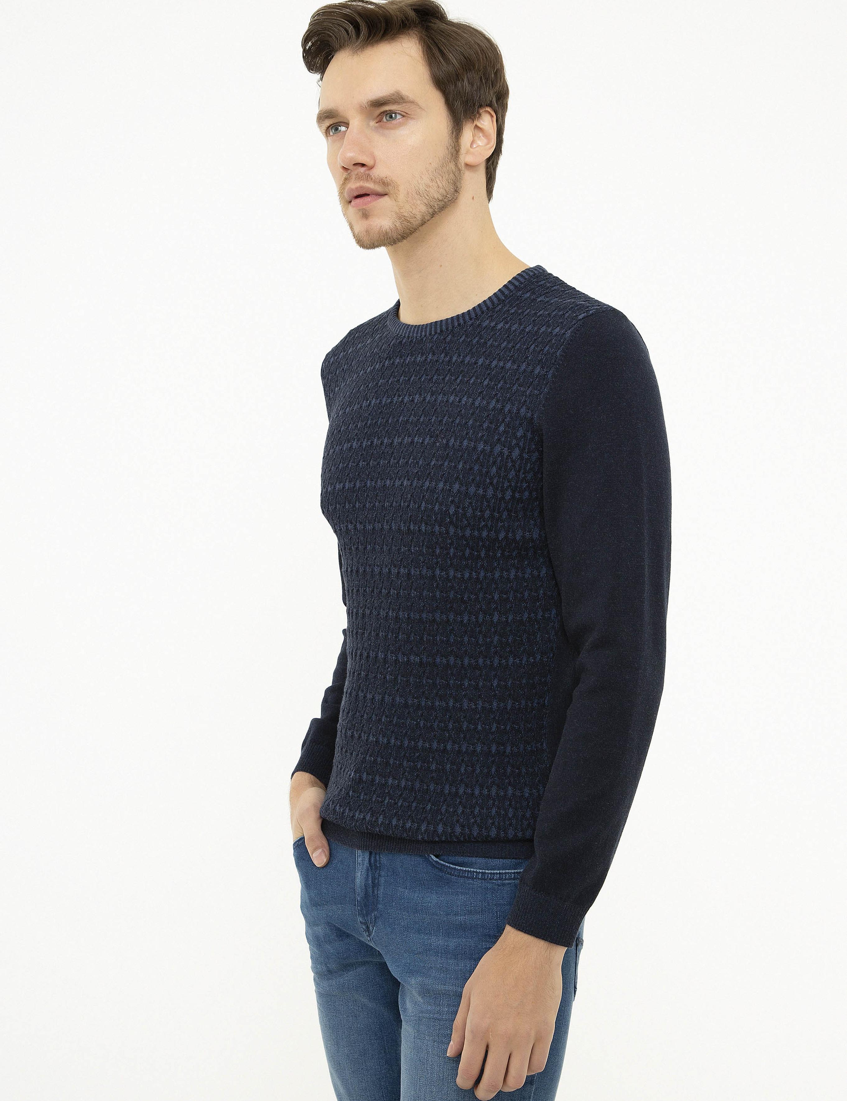 Lacivert Slim Fit Bisiklet Yaka Triko Kazak - 50223543015