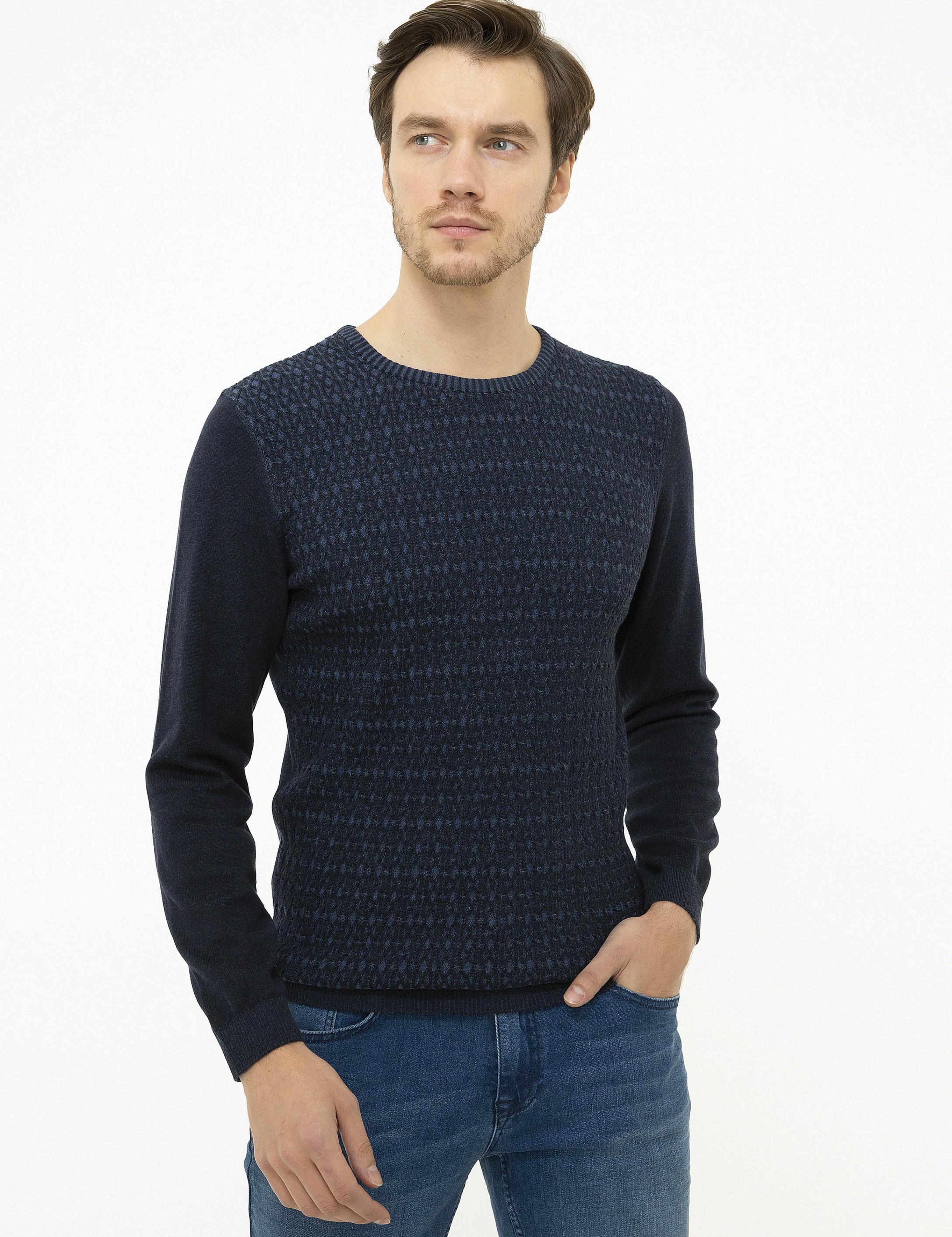 Lacivert Slim Fit Bisiklet Yaka Triko Kazak - 50223543015