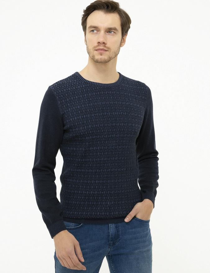 Lacivert Slim Fit Bisiklet Yaka Triko Kazak