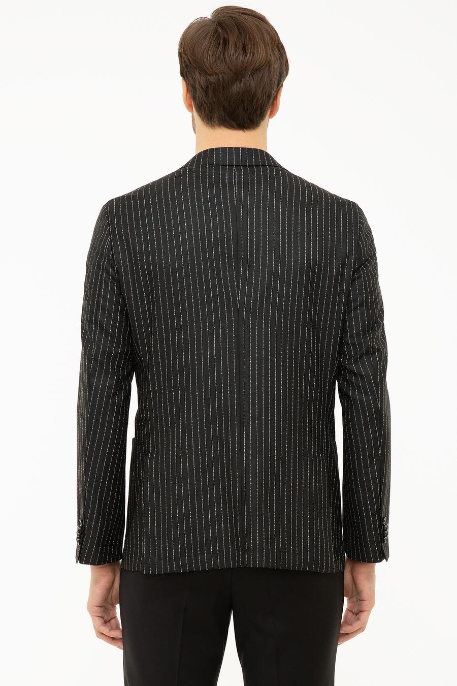 Siyah Slim Fit Keten Karışımlı Çizgili Ceket - 50223286004