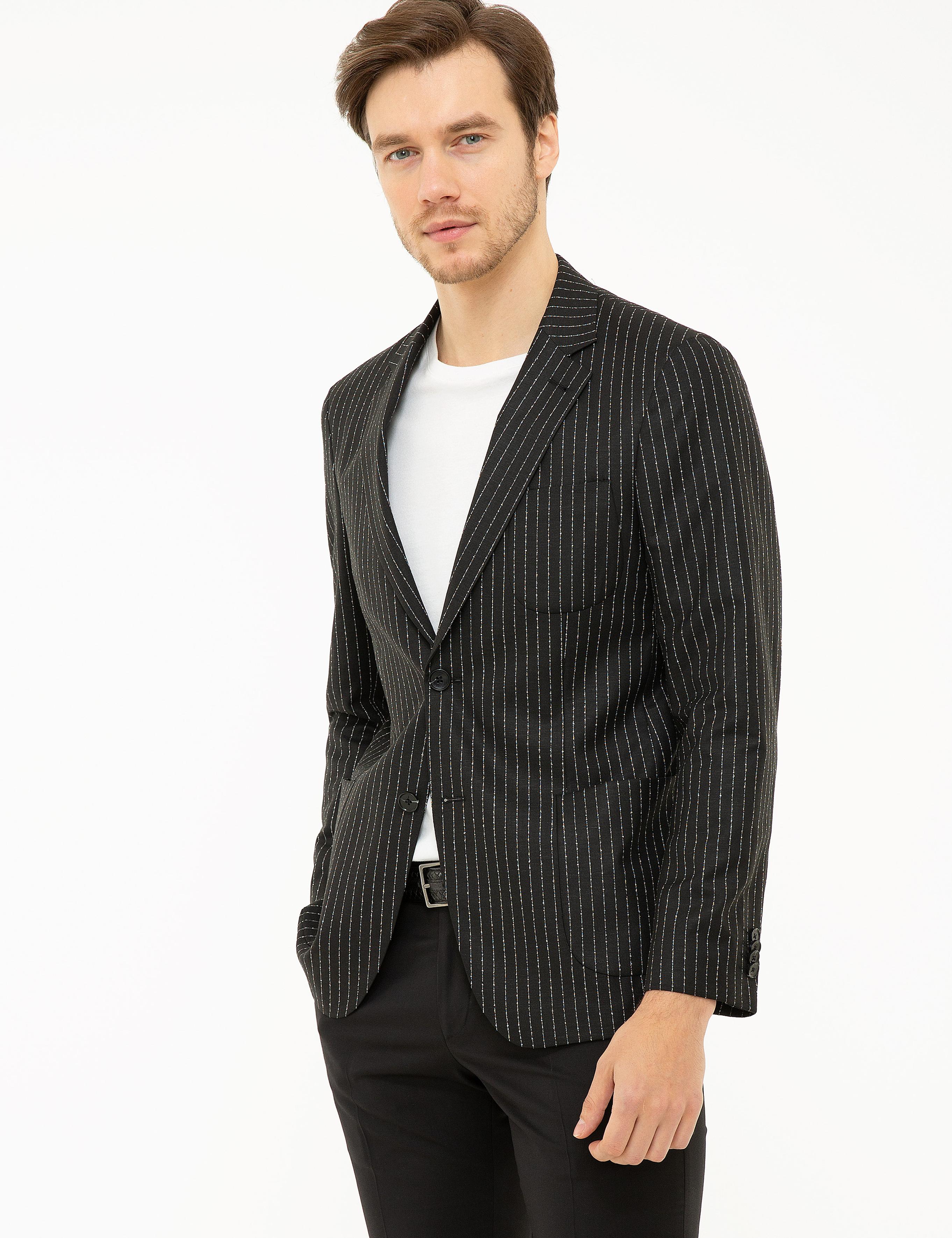 Siyah Slim Fit Keten Karışımlı Çizgili Ceket - 50223286004
