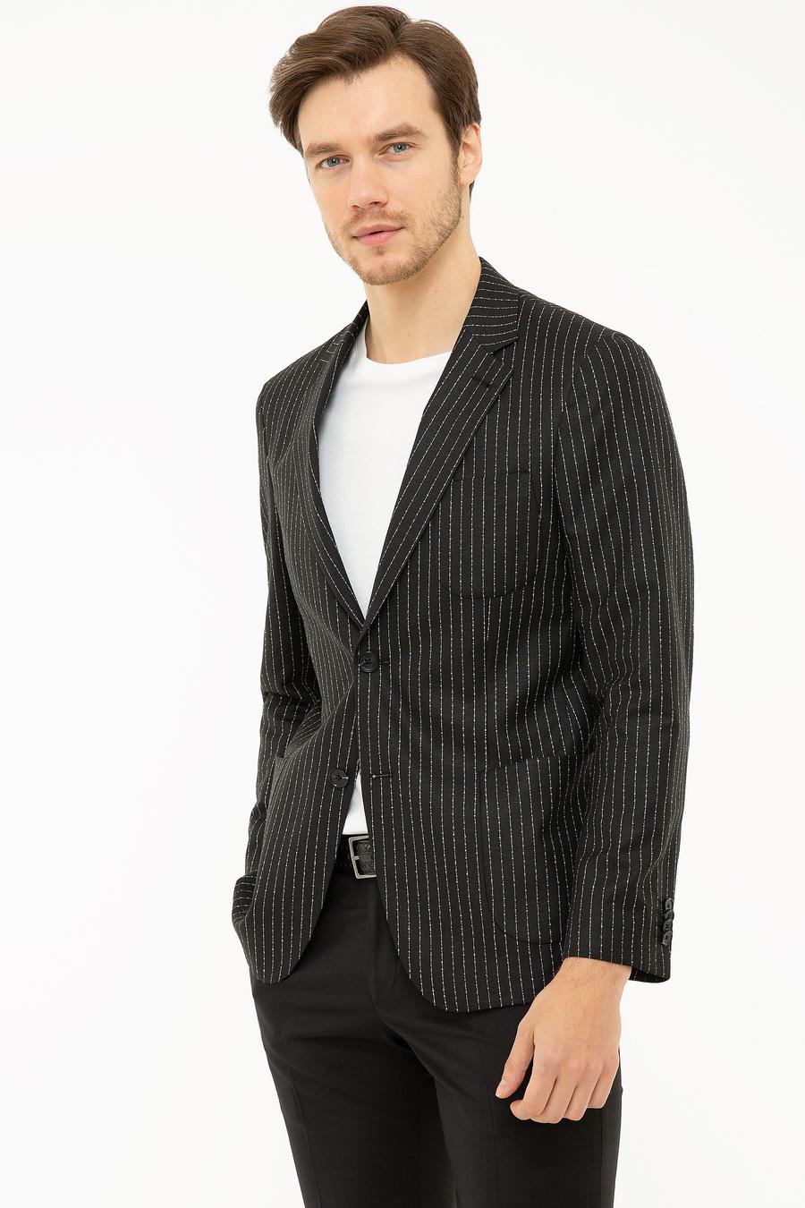 Siyah Slim Fit Keten Karışımlı Çizgili Ceket - 50223286004
