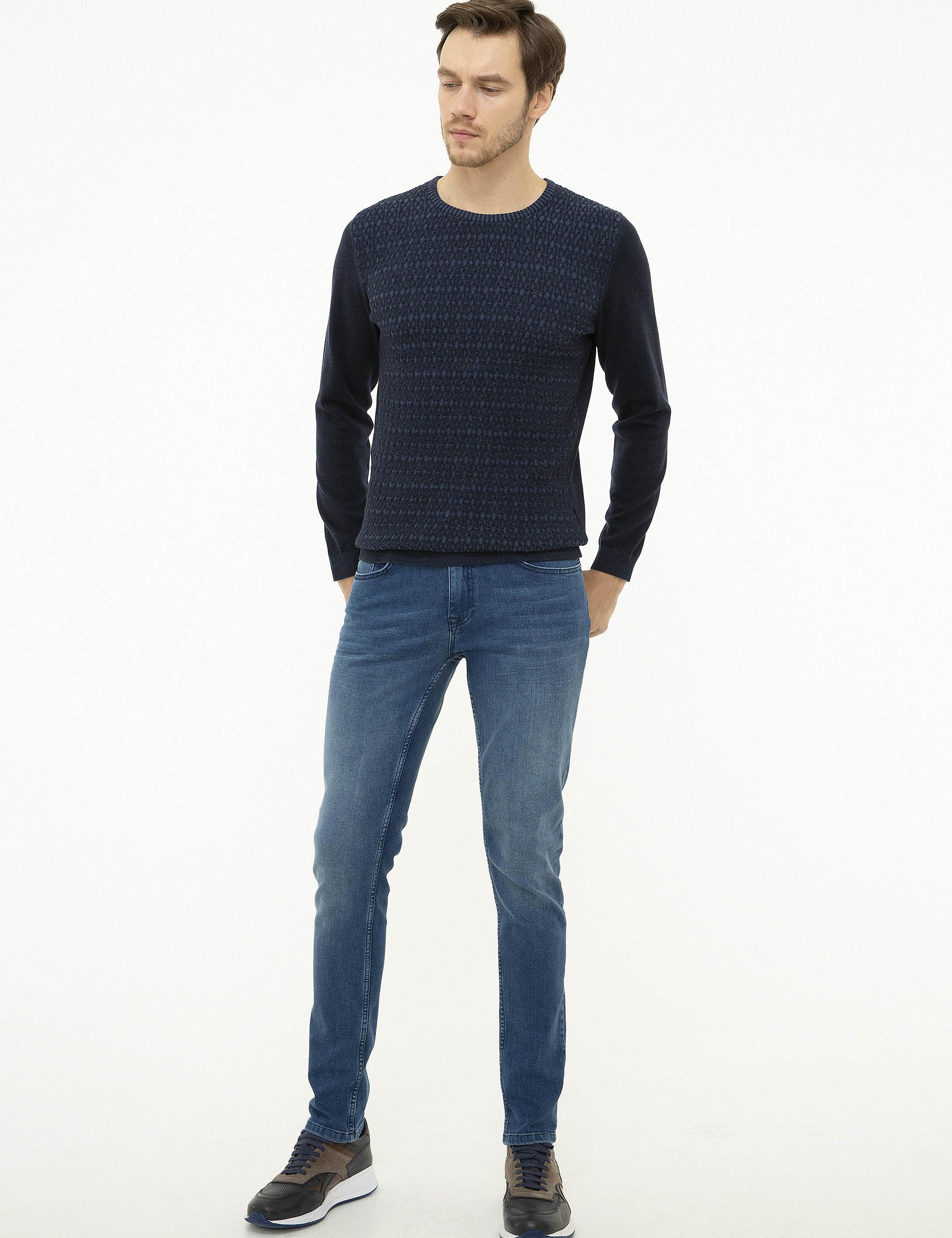 Lacivert Slim Fit Bisiklet Yaka Triko Kazak - 50223543015
