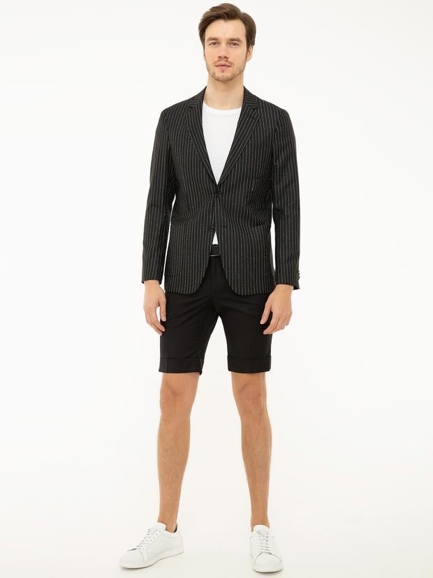 Siyah Slim Fit Keten Karışımlı Çizgili Ceket