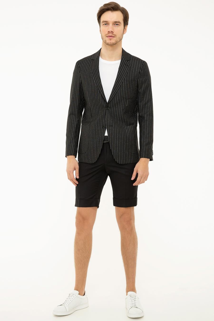 Siyah Slim Fit Keten Karışımlı Çizgili Ceket - 50223286004