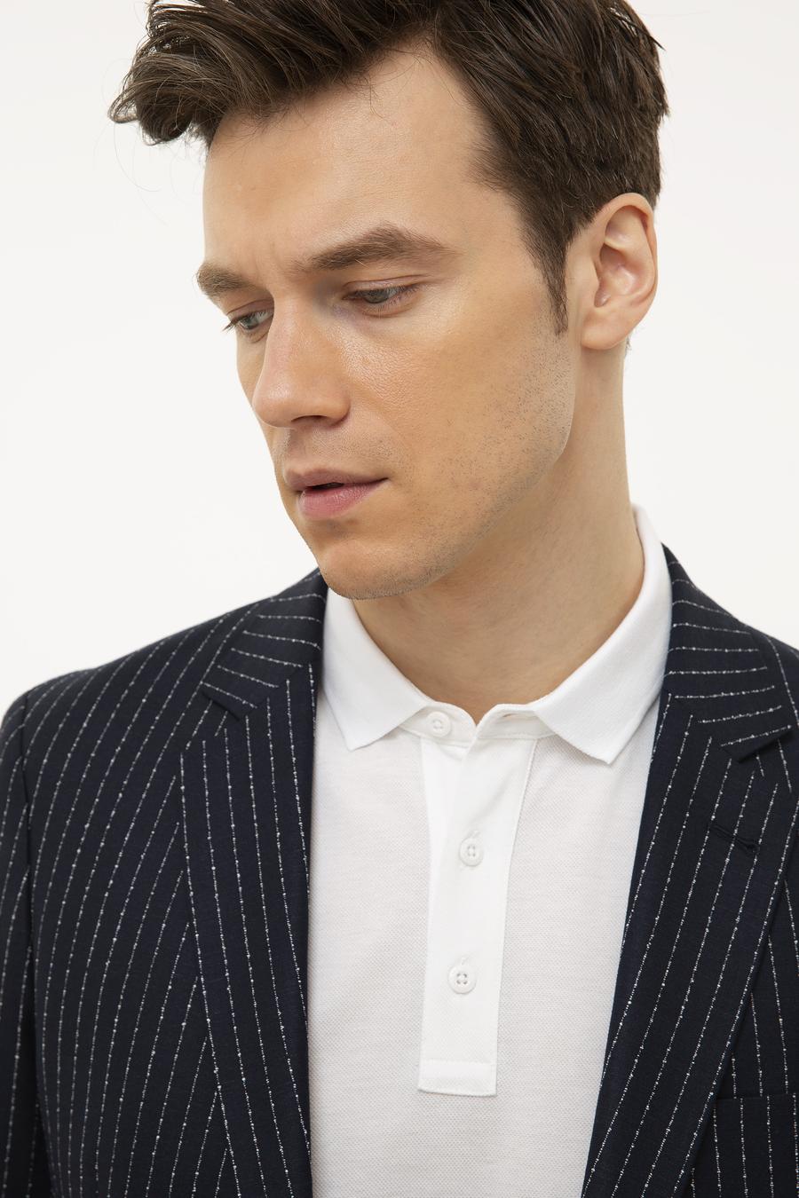 Lacivert Slim Fit Keten Karışımlı Çizgili Ceket - 50223286040
