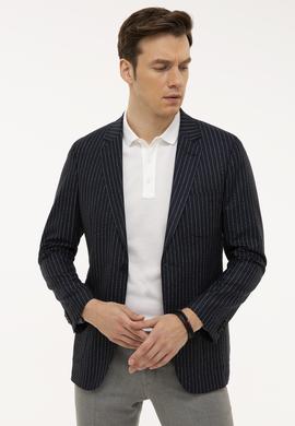 Lacivert Slim Fit Keten Karışımlı Çizgili Ceket