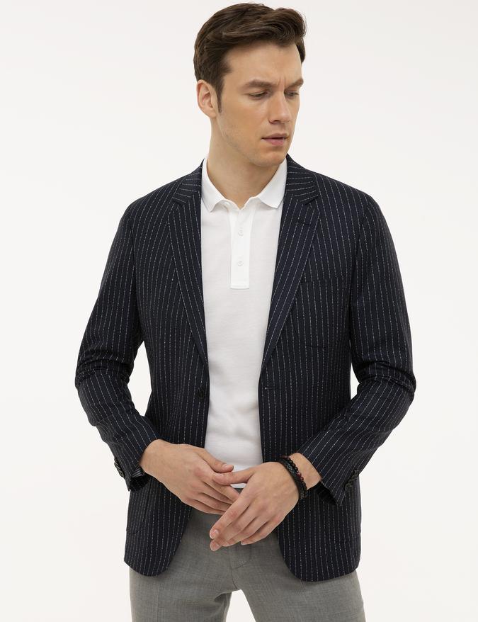 Lacivert Slim Fit Keten Karışımlı Çizgili Ceket
