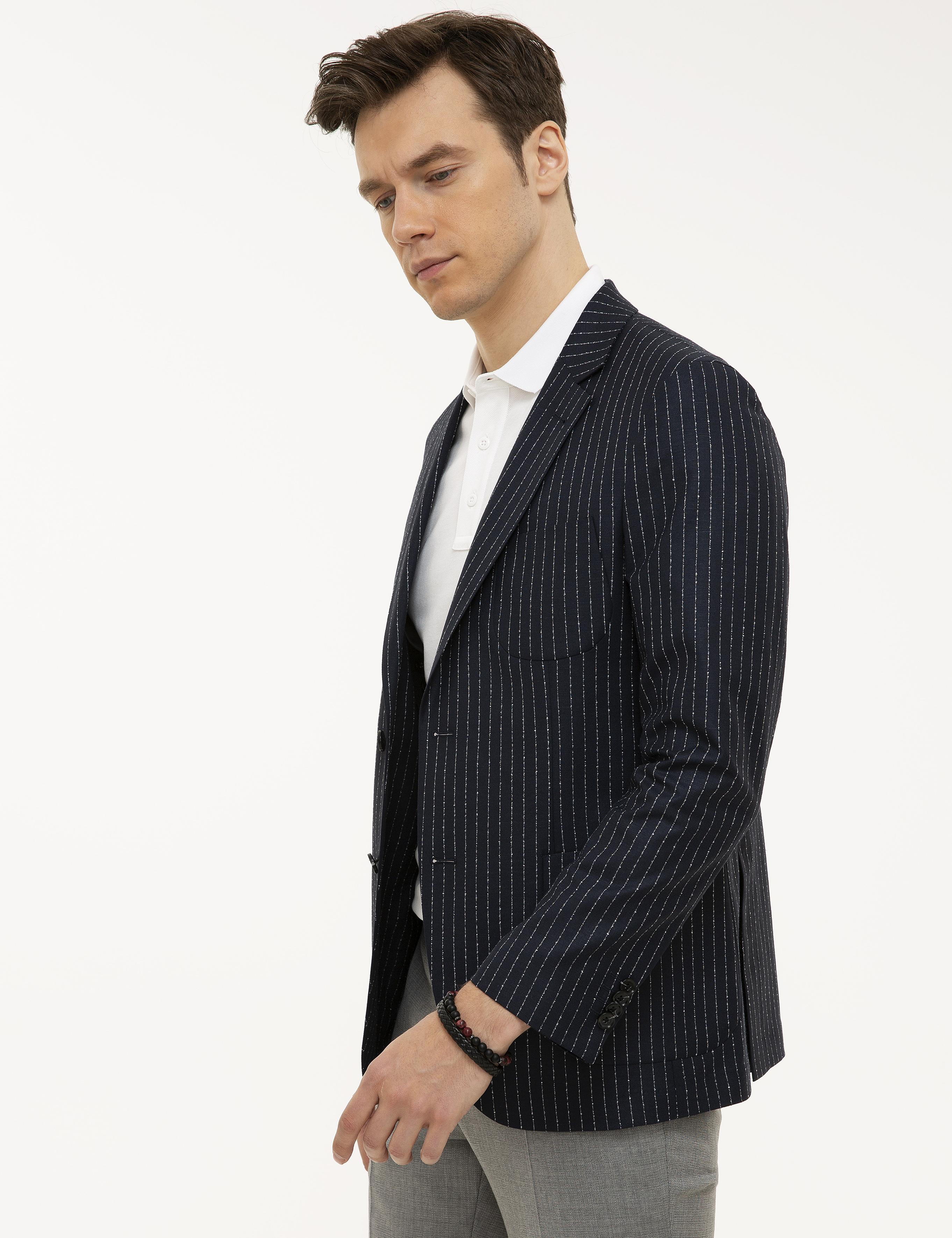 Lacivert Slim Fit Keten Karışımlı Çizgili Ceket - 50223286040