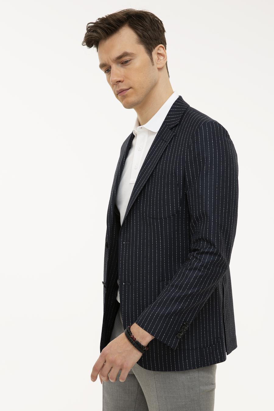 Lacivert Slim Fit Keten Karışımlı Çizgili Ceket - 50223286040