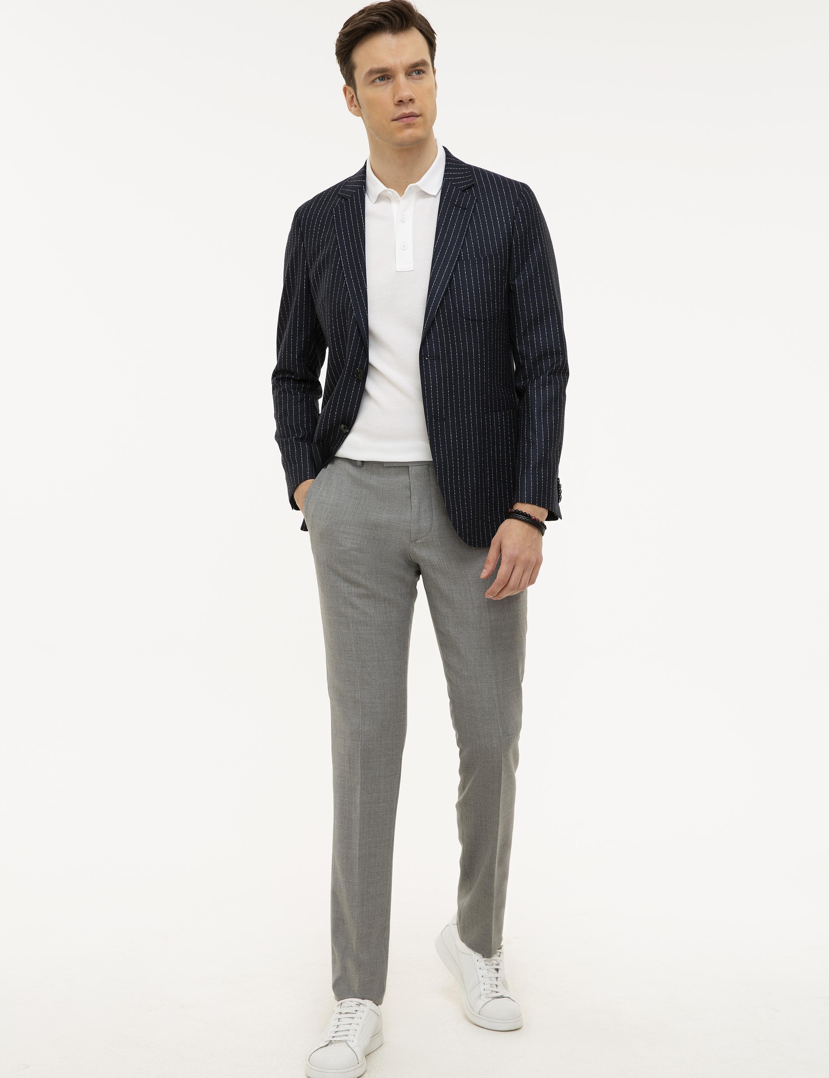 Lacivert Slim Fit Keten Karışımlı Çizgili Ceket - 50223286040