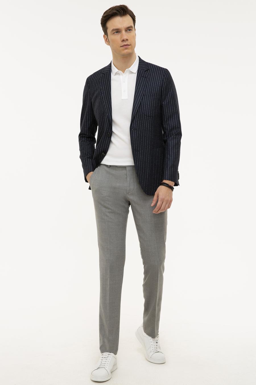 Lacivert Slim Fit Keten Karışımlı Çizgili Ceket - 50223286040
