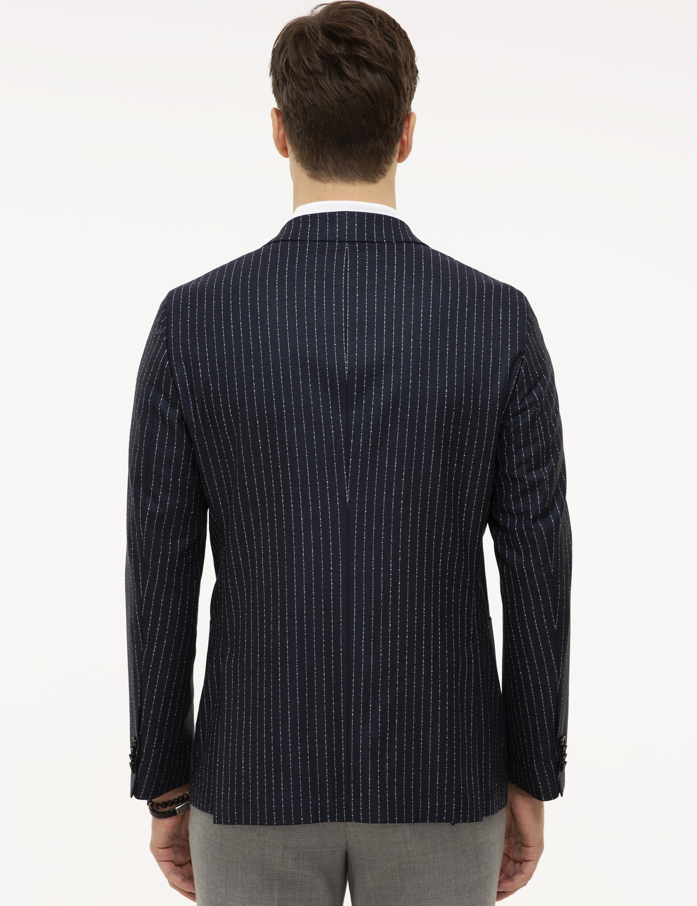 Lacivert Slim Fit Keten Karışımlı Çizgili Ceket - 50223286040