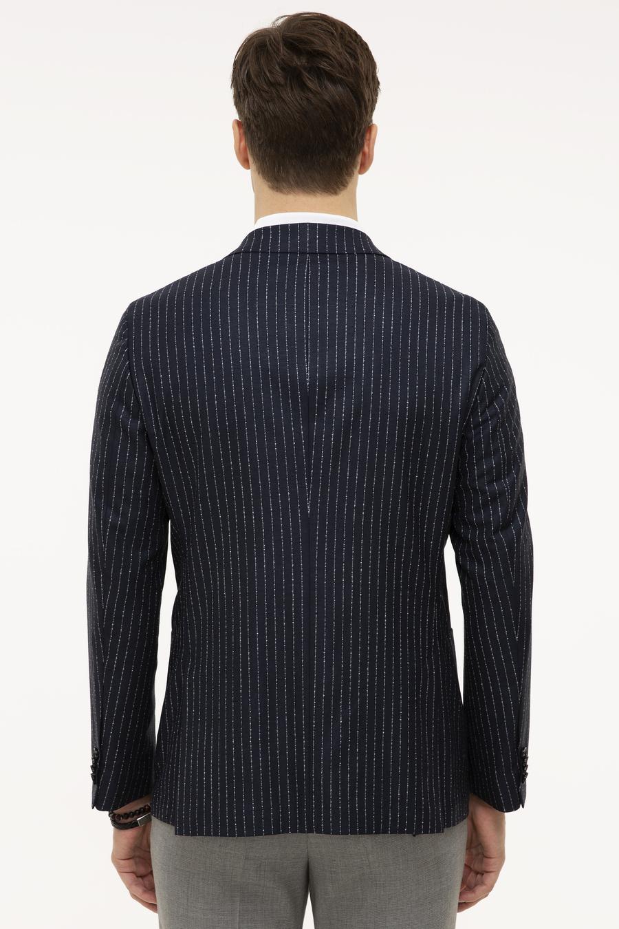 Lacivert Slim Fit Keten Karışımlı Çizgili Ceket - 50223286040