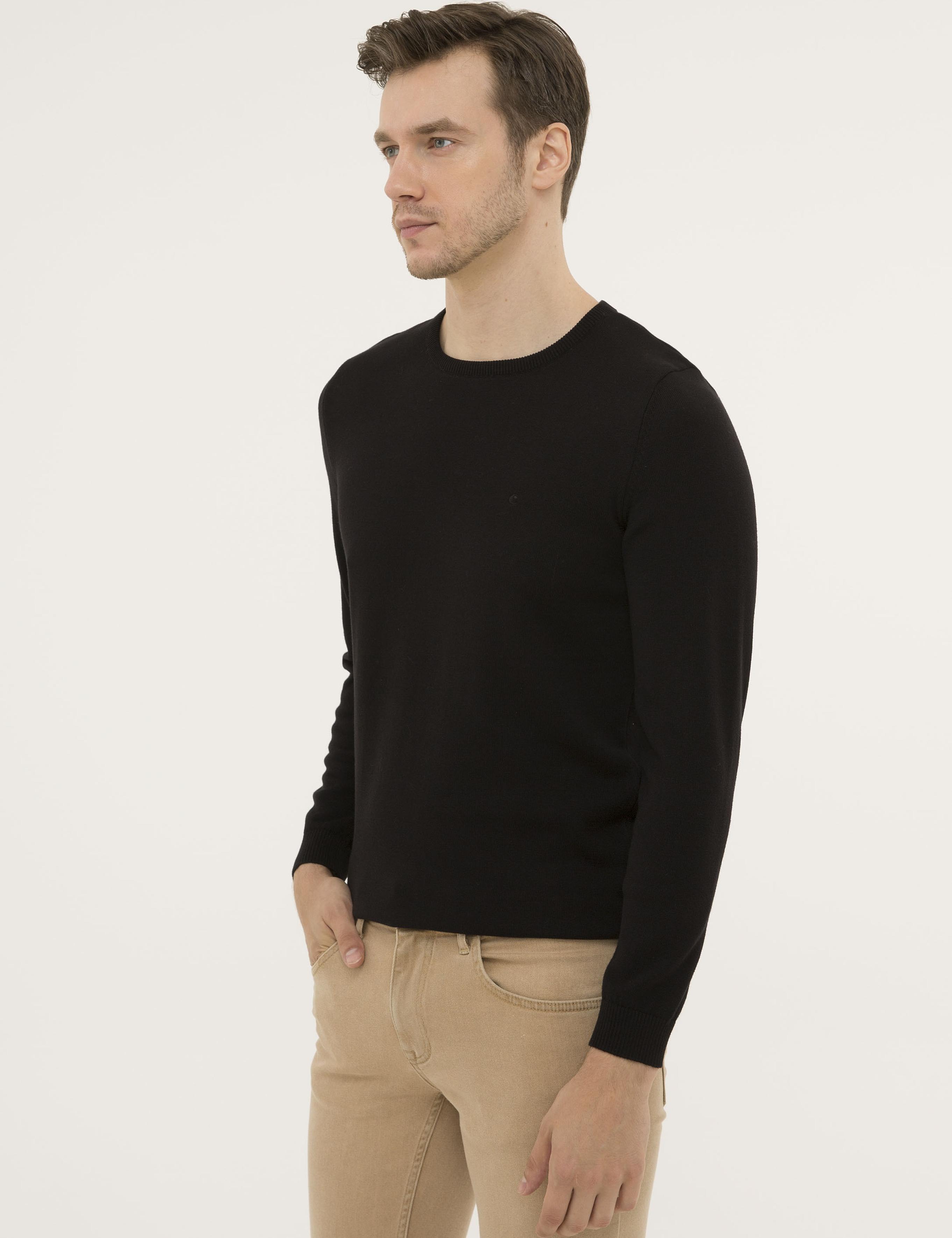 Siyah Slim Fit Bisiklet Yaka Basic Triko Kazak - 50229585011