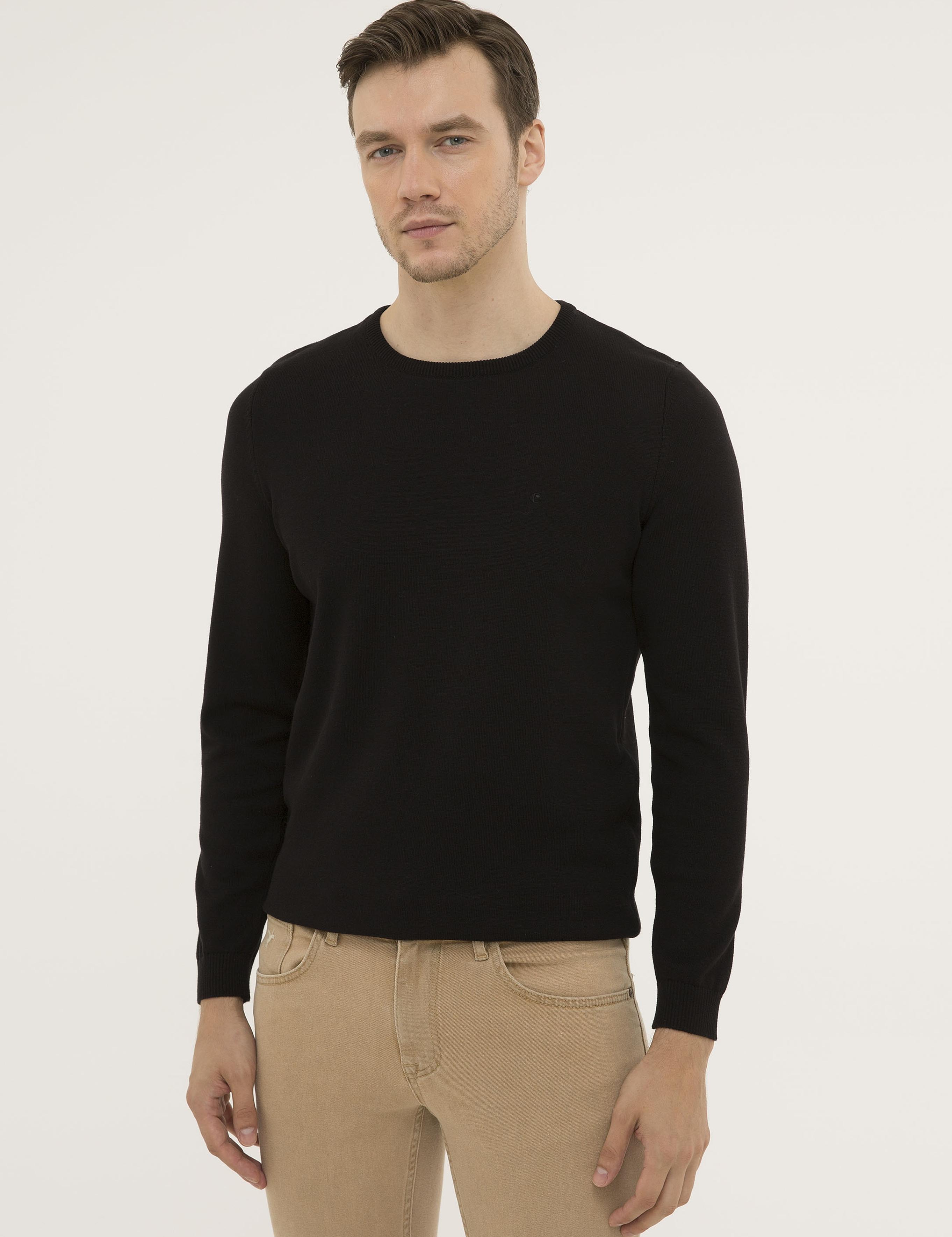 Siyah Slim Fit Bisiklet Yaka Basic Triko Kazak - 50229585011
