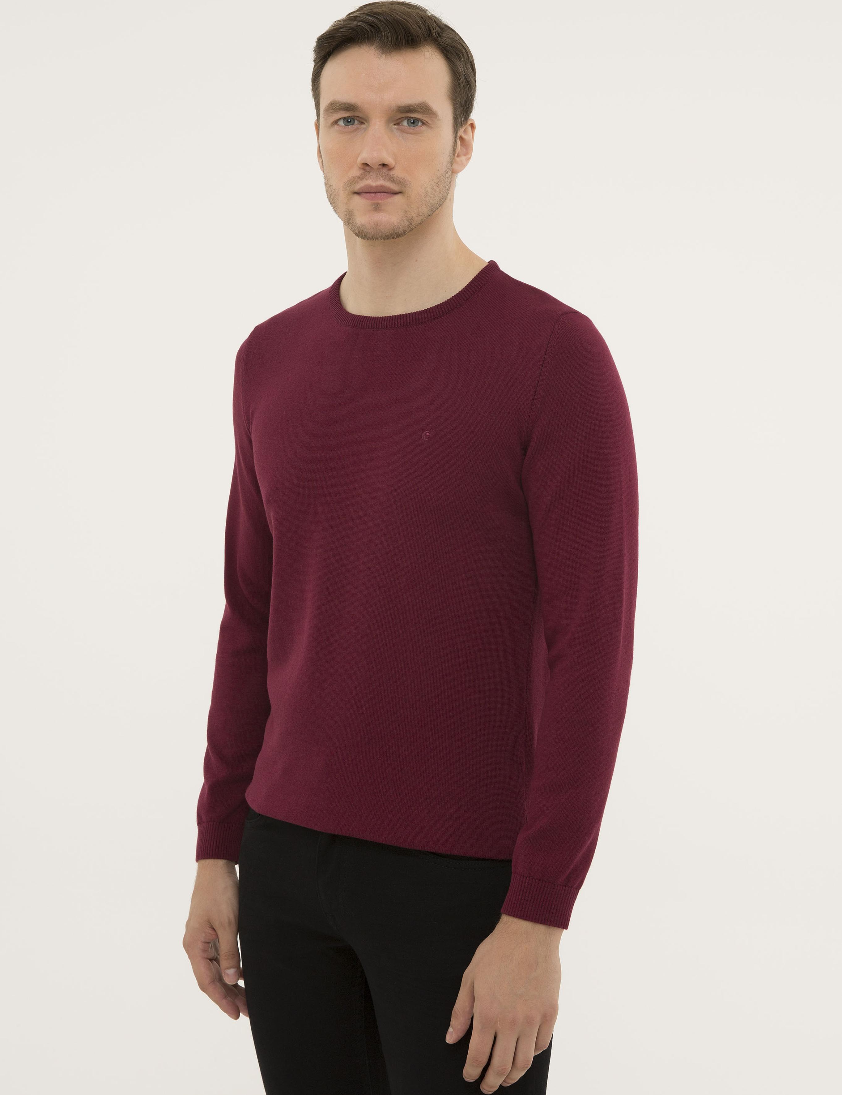 Bordo Slim Fit Bisiklet Yaka Basic Triko Kazak - 50229585059