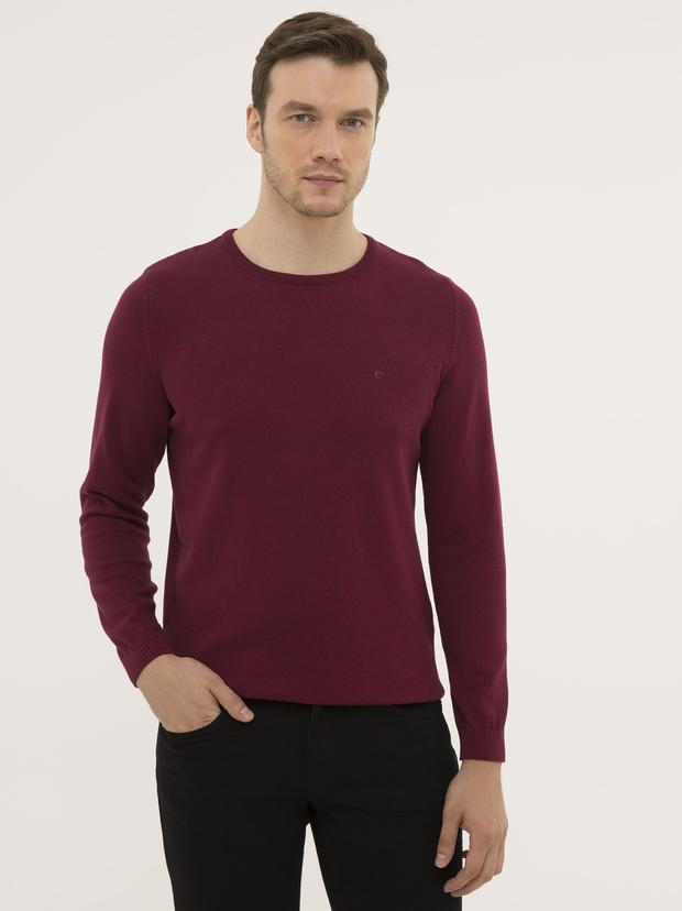 Bordo Slim Fit Bisiklet Yaka Basic Triko Kazak