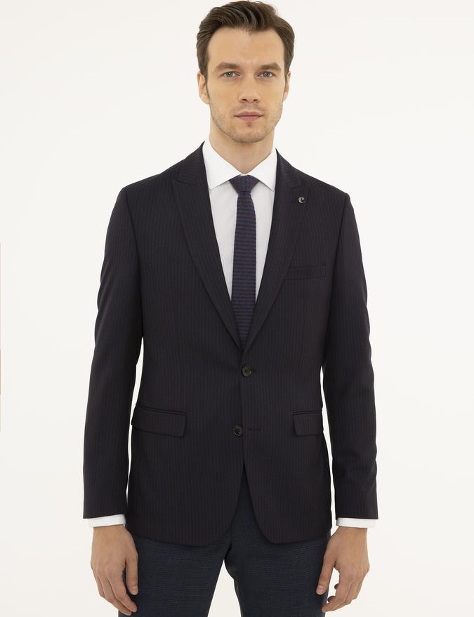 Bordo Slim Fit Çizgili Ceket