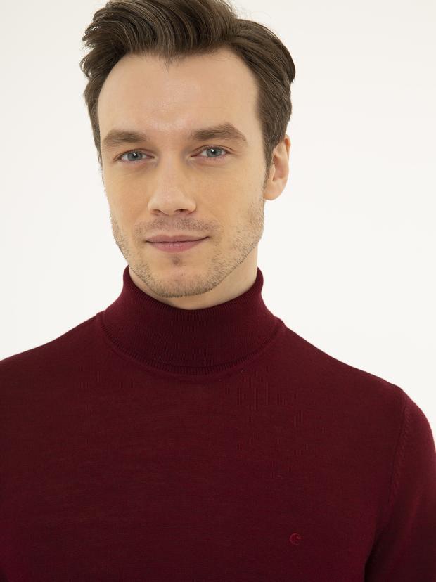 Bordo Slim Fit Balıkçı Yaka Basic Triko Kazak