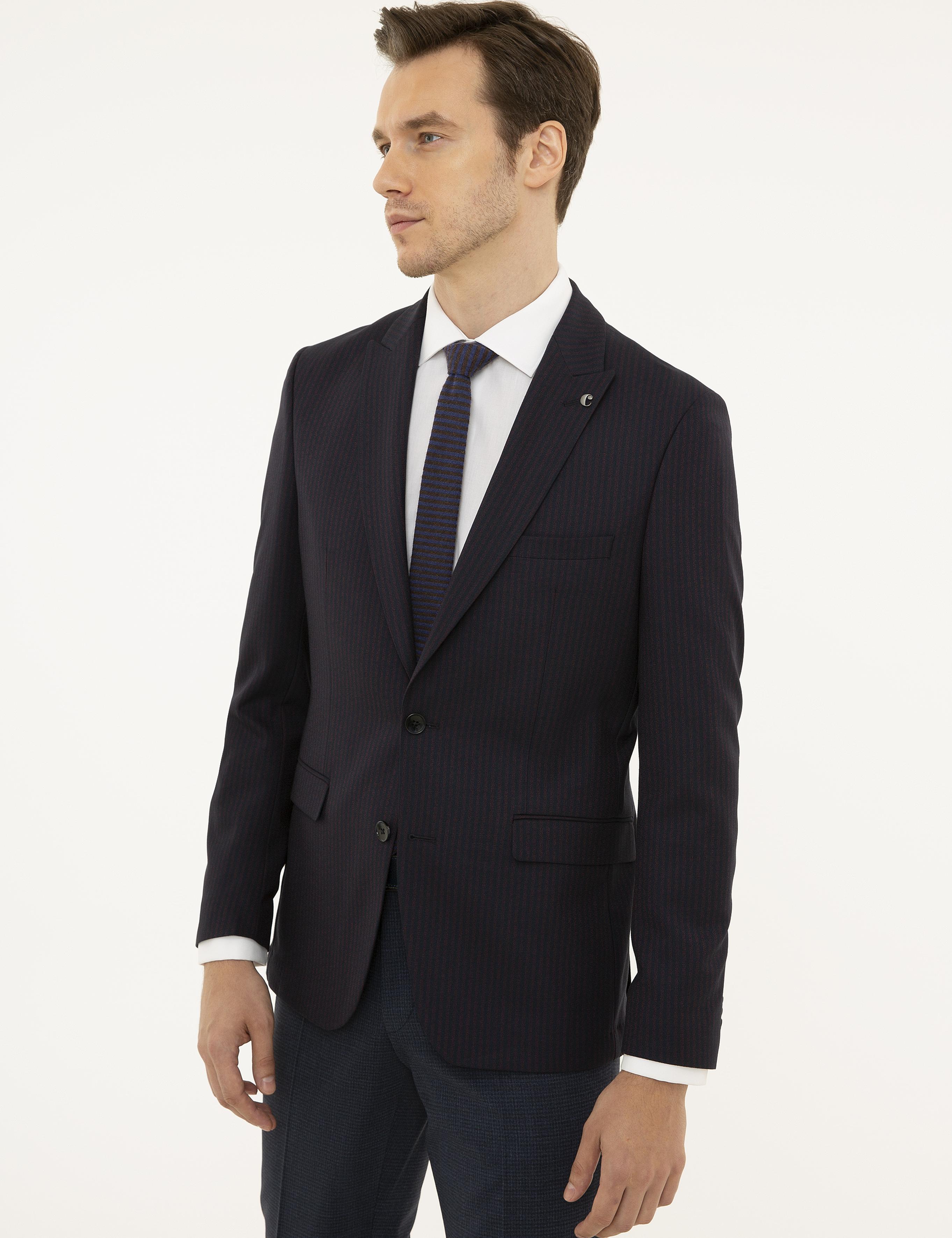 Bordo Slim Fit Çizgili Ceket - 50227594005