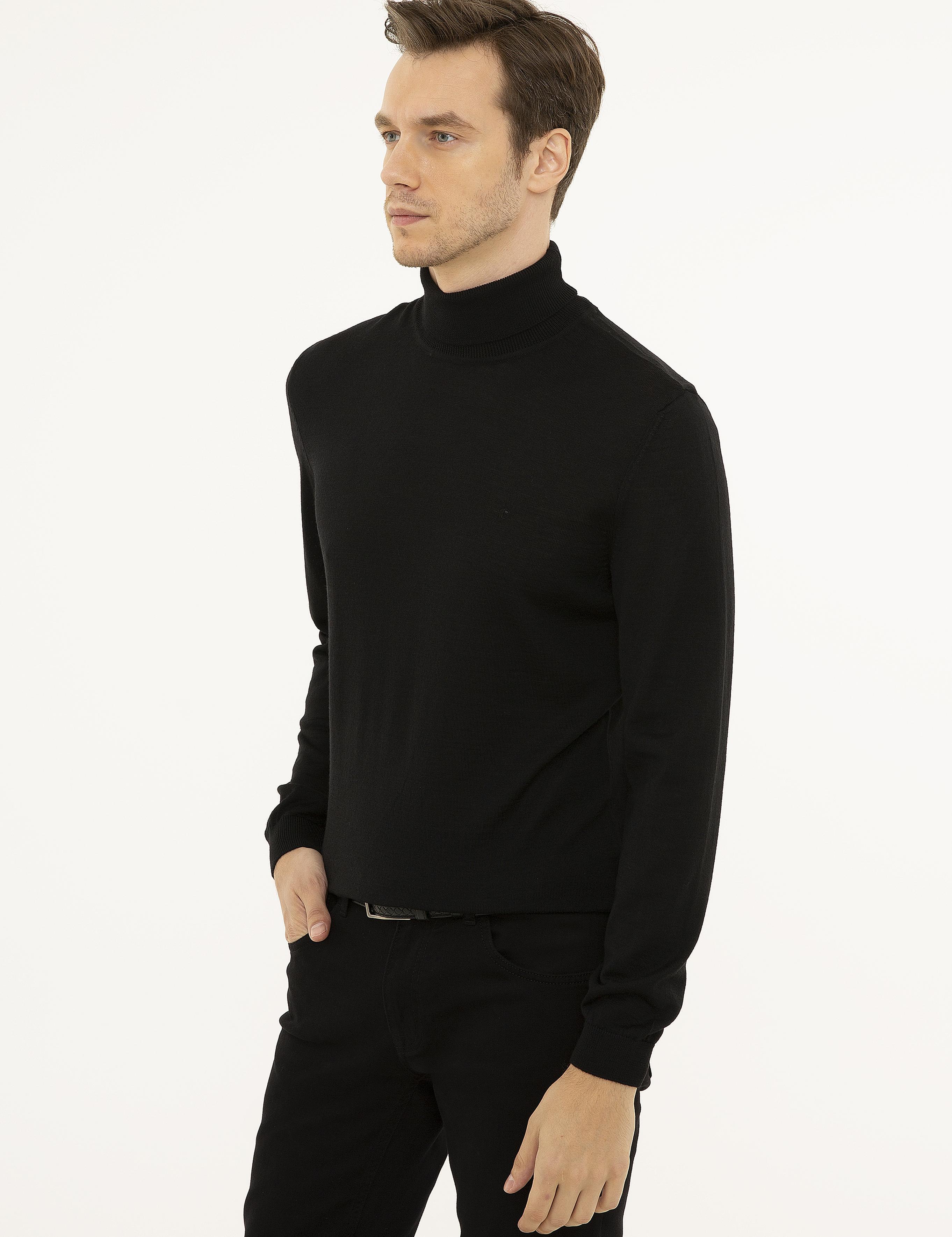 Siyah Slim Fit Balıkçı Yaka Basic Triko Kazak - 50227794001