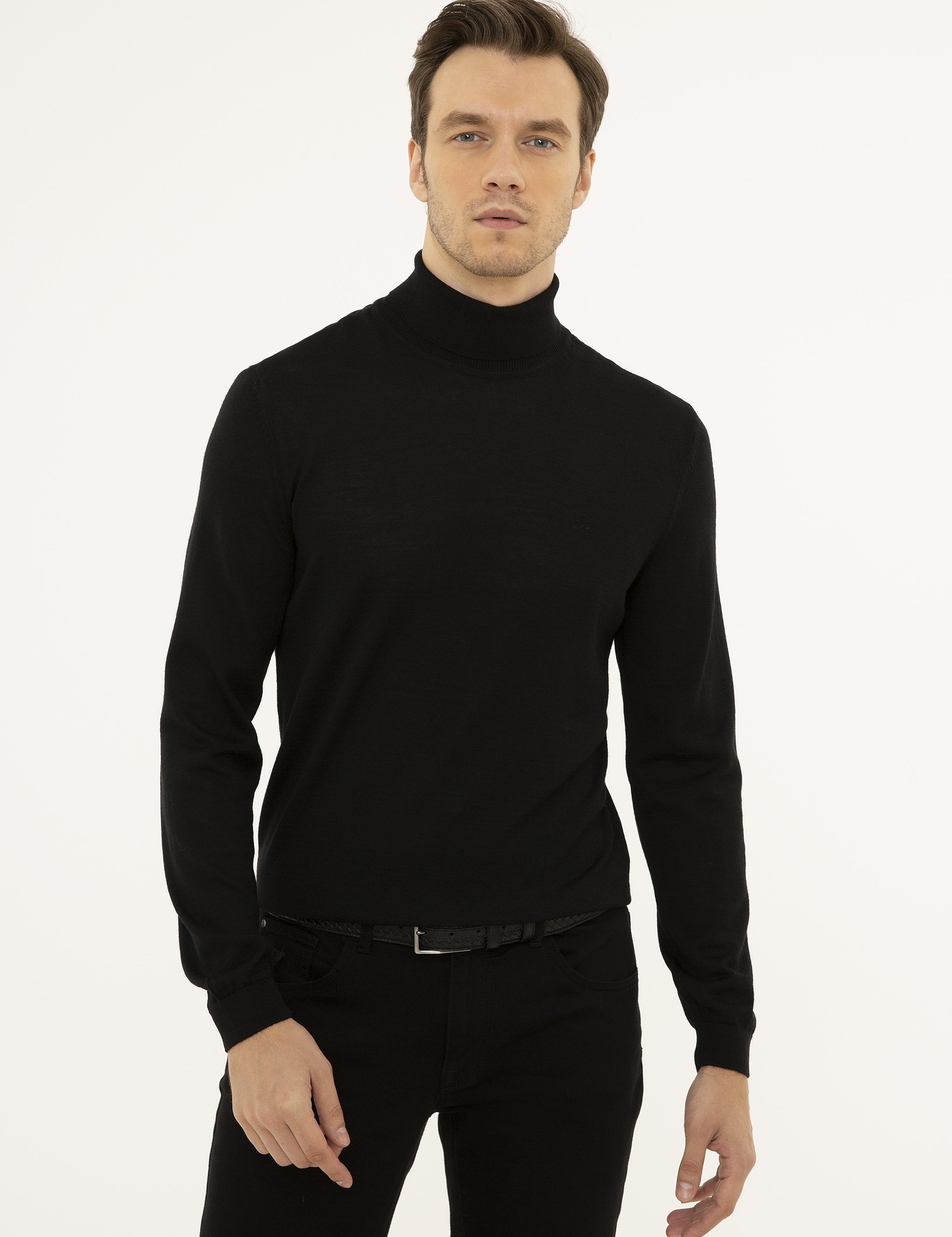 Siyah Slim Fit Balıkçı Yaka Basic Triko Kazak - 50227794001