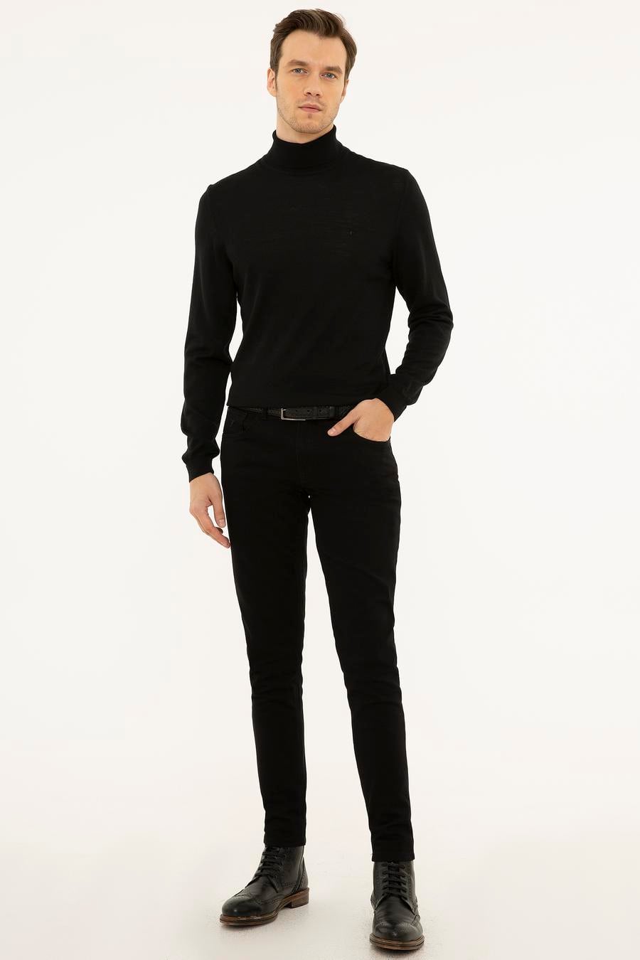 Siyah Slim Fit Balıkçı Yaka Basic Triko Kazak - 50227794001