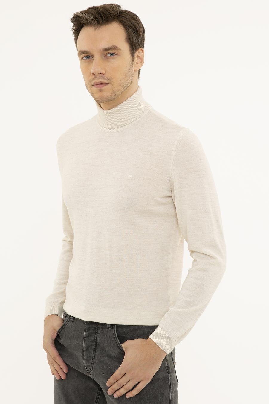 Bej Slim Fit Balıkçı Yaka Basic Triko Kazak - 50227794044