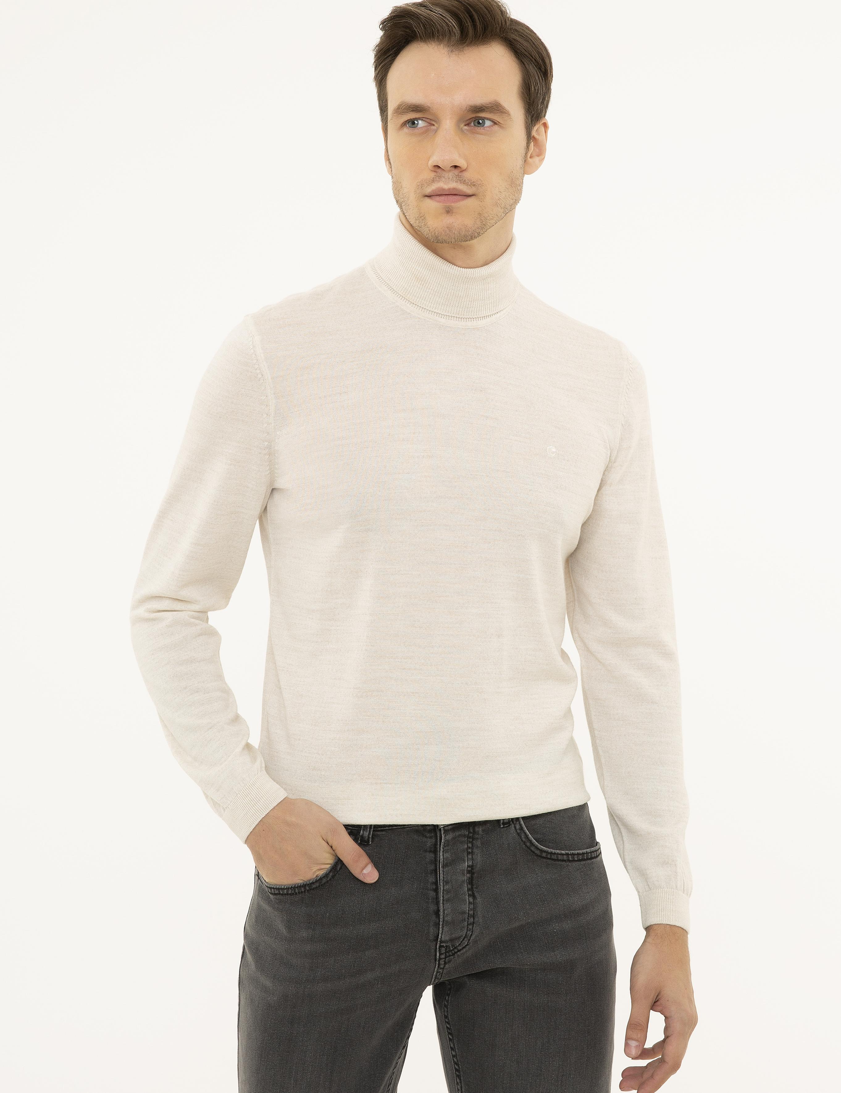 Bej Slim Fit Balıkçı Yaka Basic Triko Kazak - 50227794044