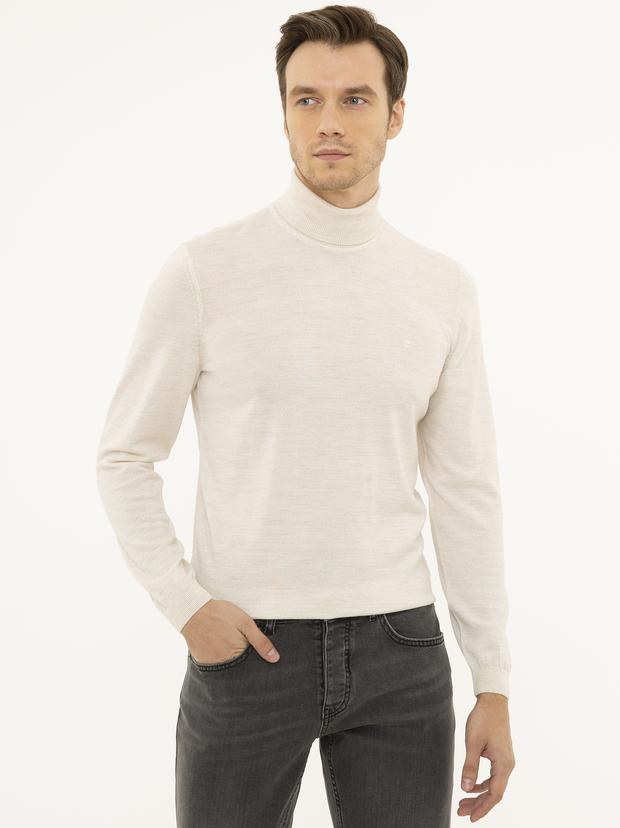 Bej Slim Fit Balıkçı Yaka Basic Triko Kazak