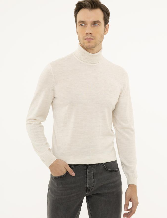 Bej Slim Fit Balıkçı Yaka Basic Triko Kazak