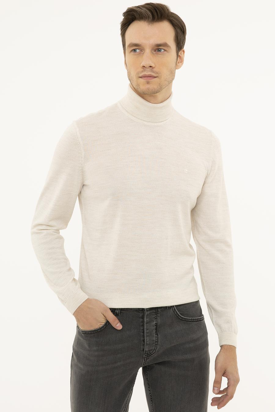 Bej Slim Fit Balıkçı Yaka Basic Triko Kazak - 50227794044