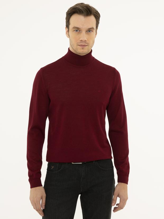 Bordo Slim Fit Balıkçı Yaka Basic Triko Kazak