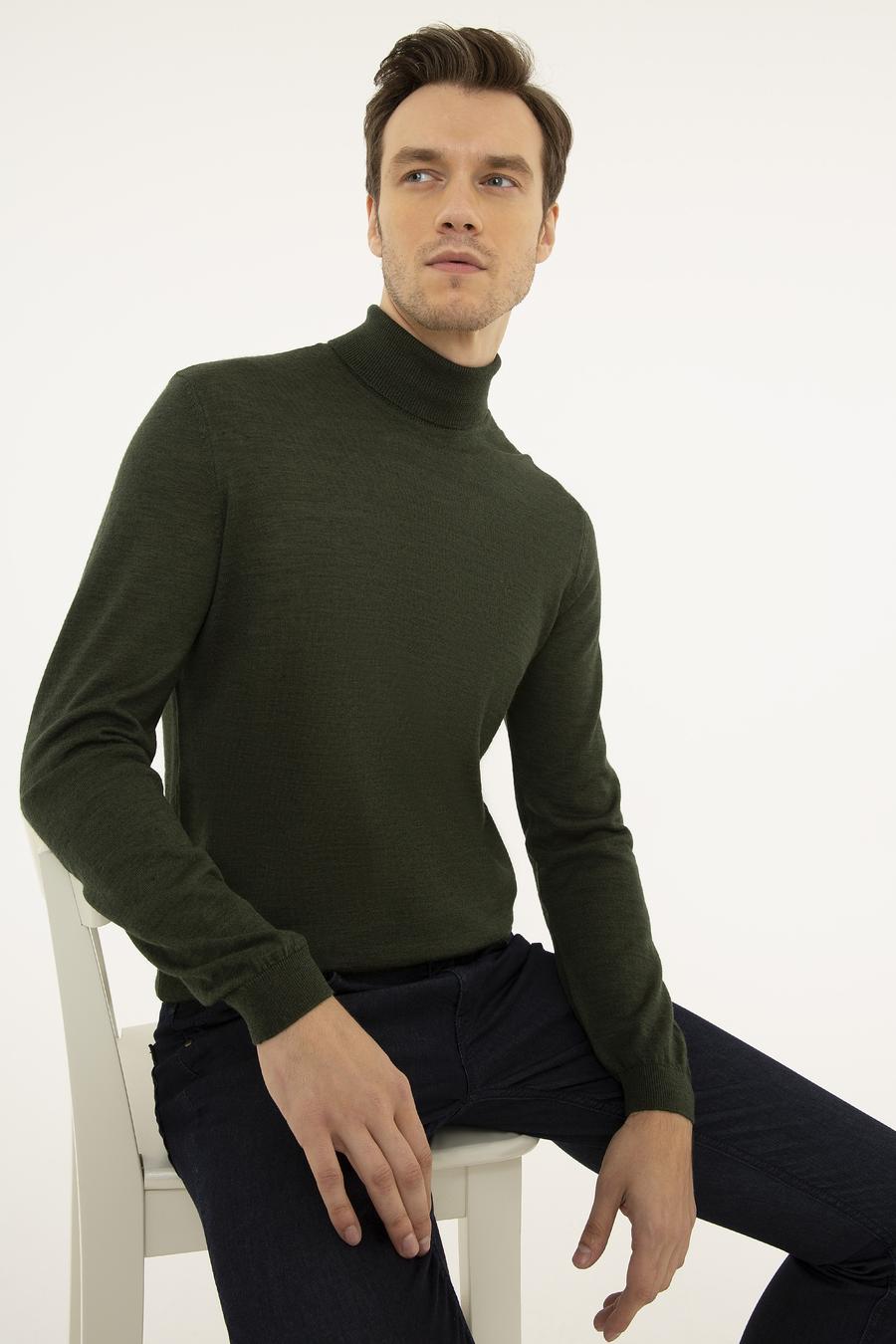 Haki Slim Fit Balıkçı Yaka Basic Triko Kazak - 50227794074