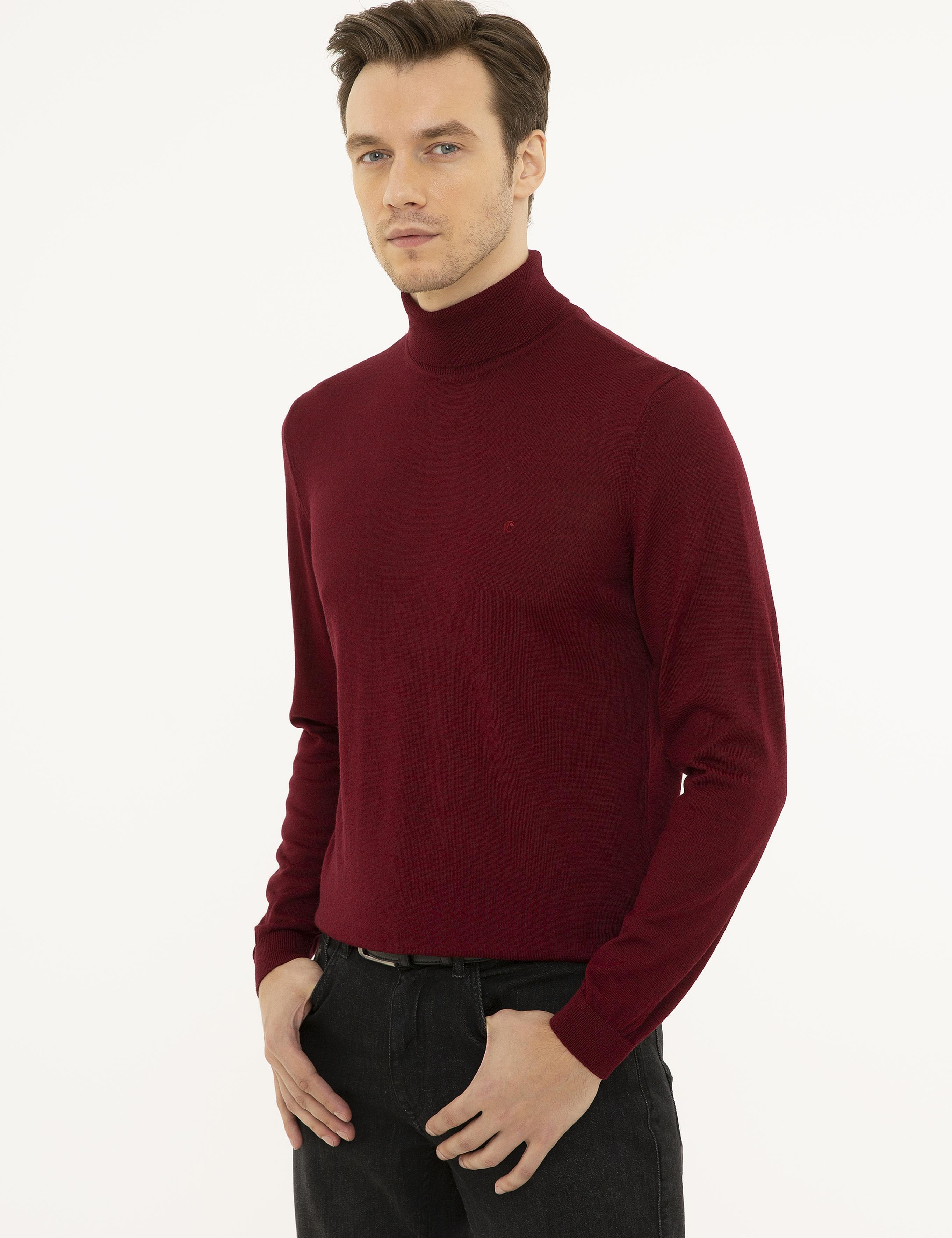 Bordo Slim Fit Balıkçı Yaka Basic Triko Kazak - 50227794059