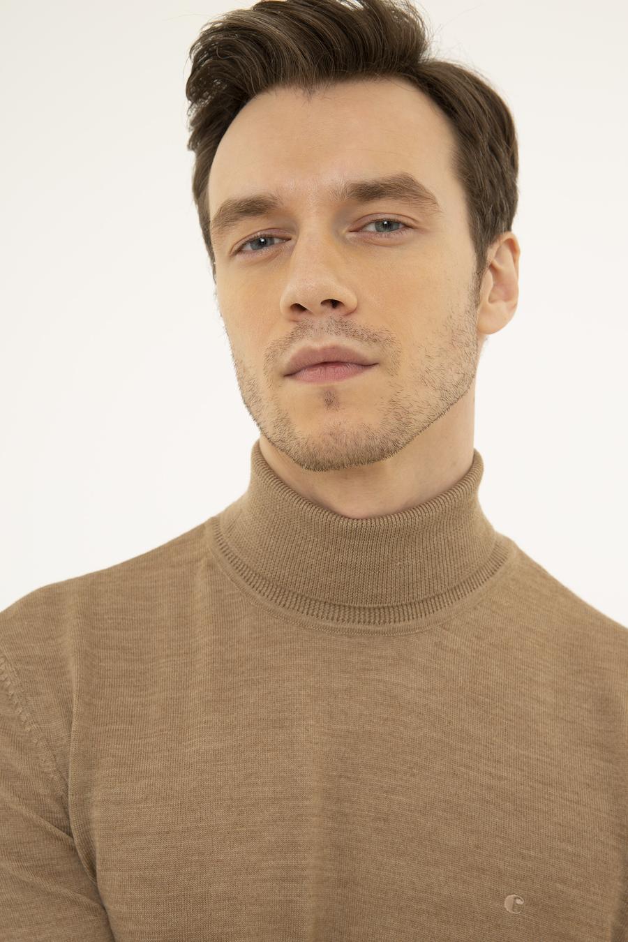 Camel Slim Fit Balıkçı Yaka Basic Triko Kazak - 50227794064