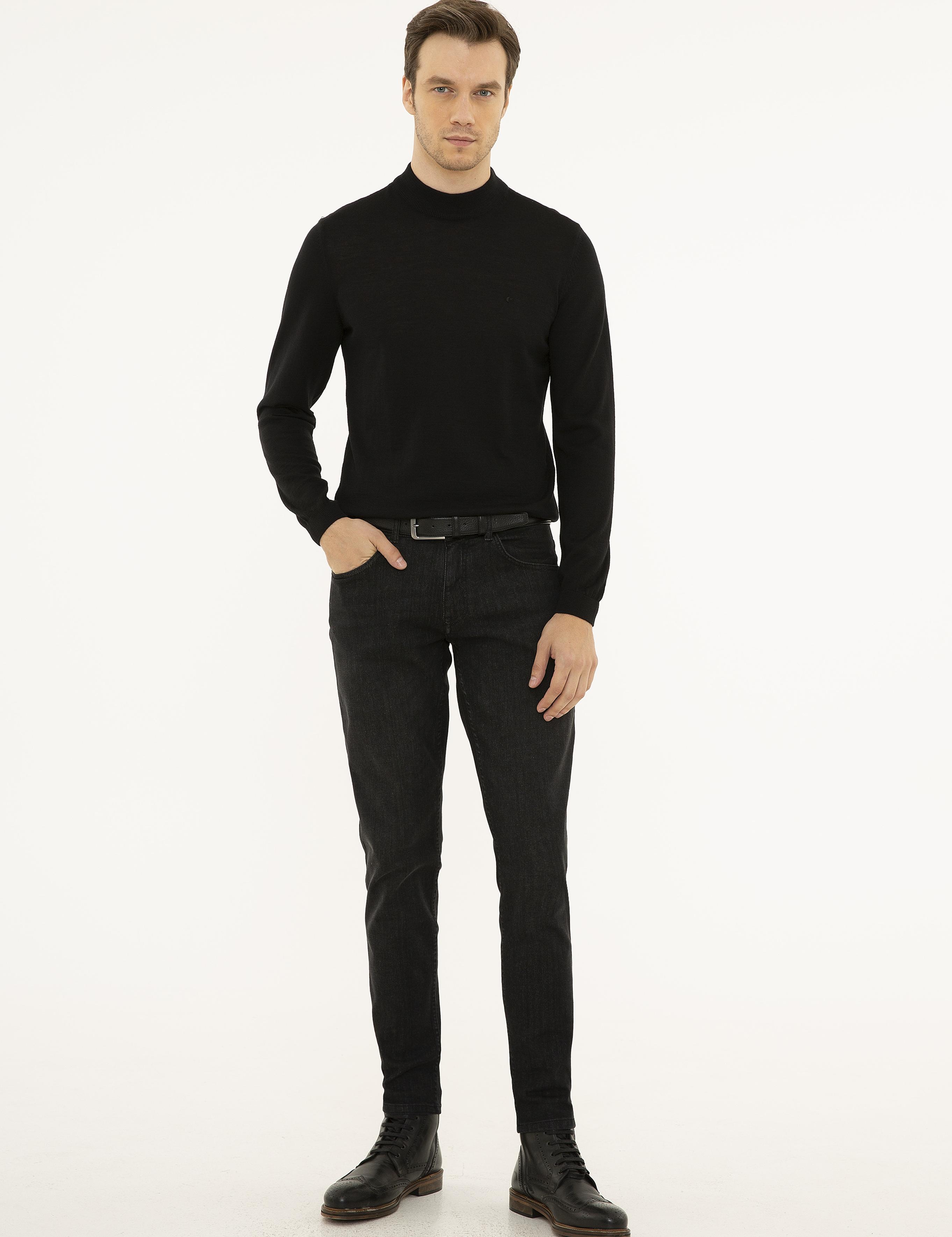 Siyah Slim Fit Çeyrek Balıkçı Yaka Basic Triko Kazak - 50227576001