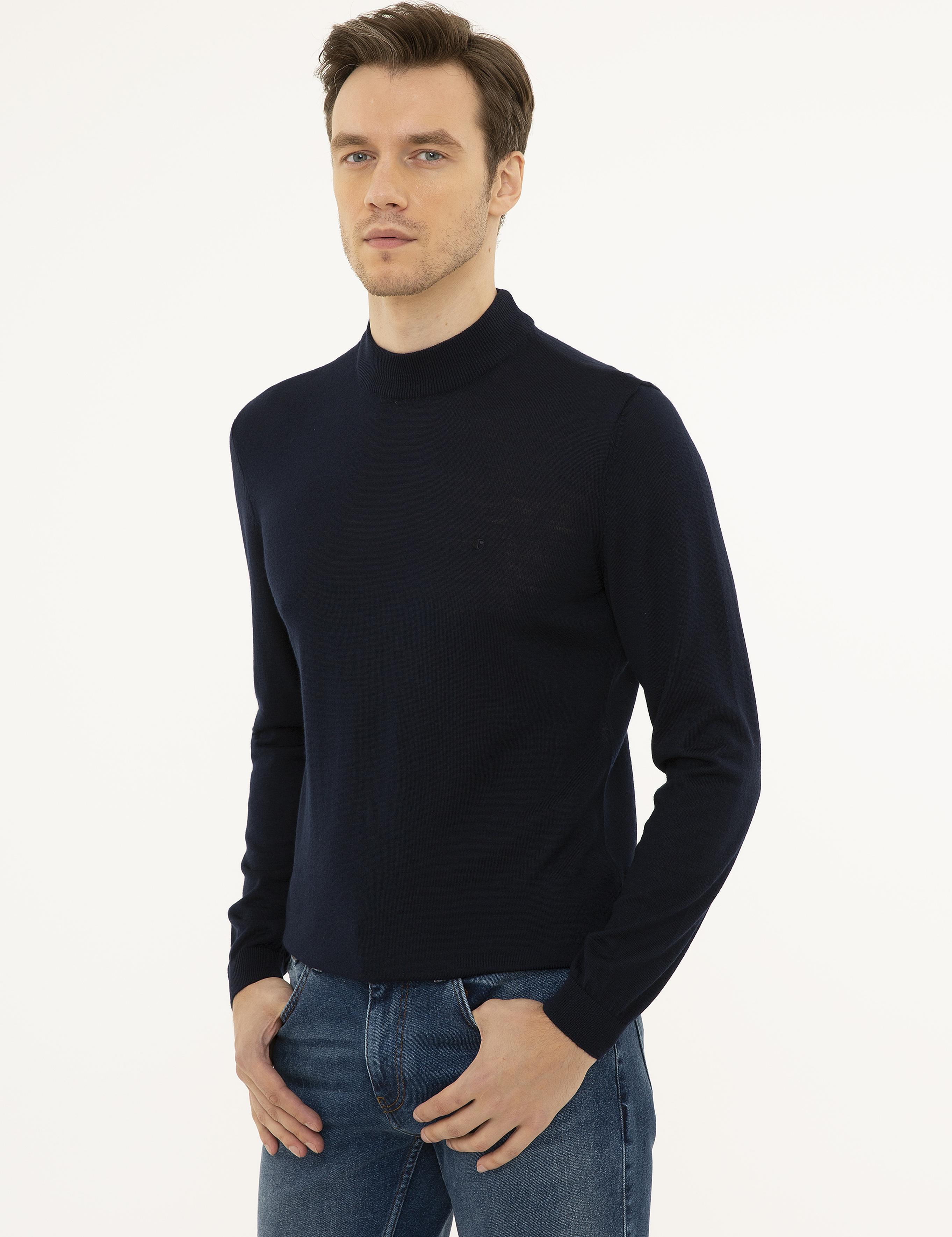 Lacivert Slim Fit Çeyrek Balıkçı Yaka Basic Triko Kazak - 50227576012