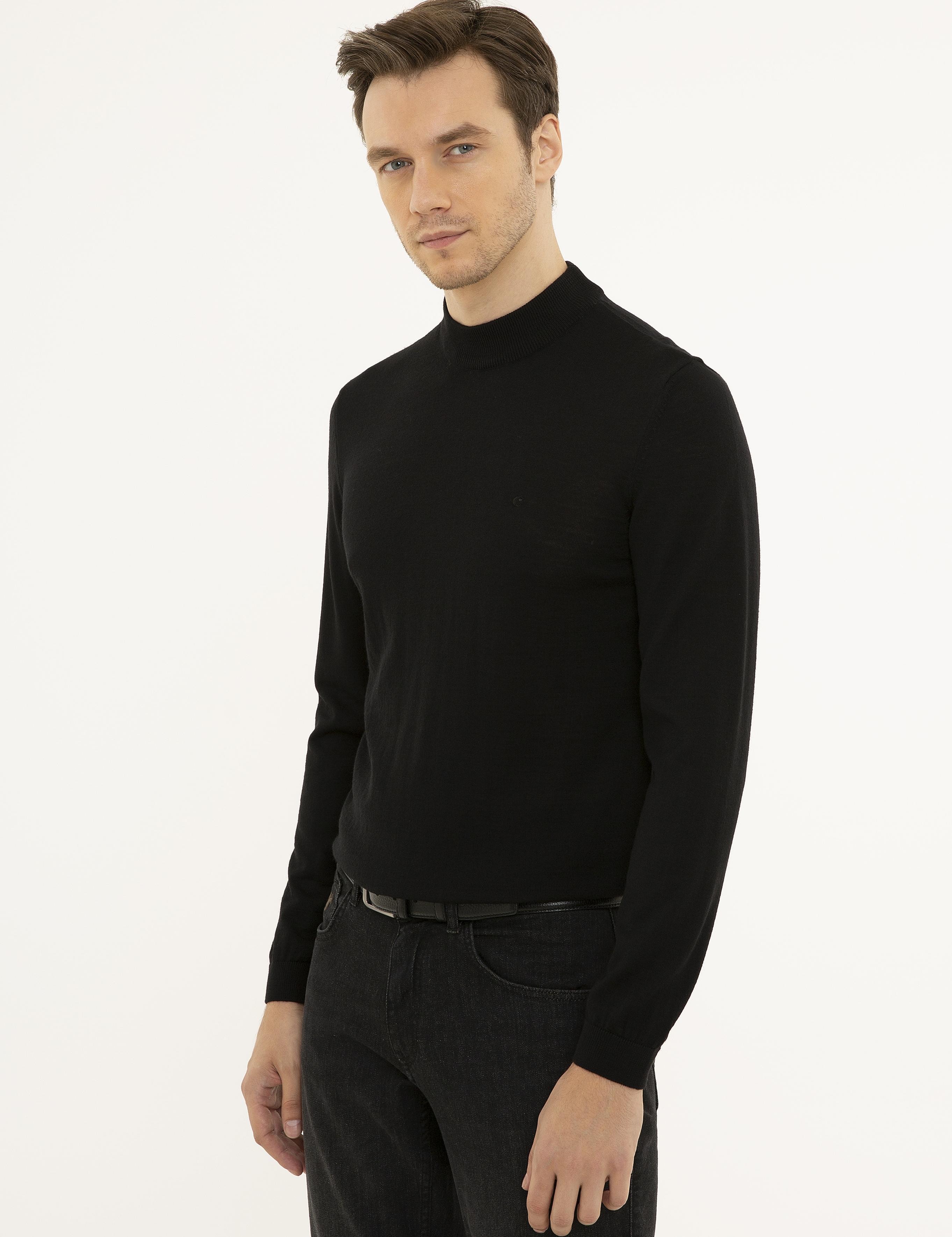 Siyah Slim Fit Çeyrek Balıkçı Yaka Basic Triko Kazak - 50227576001