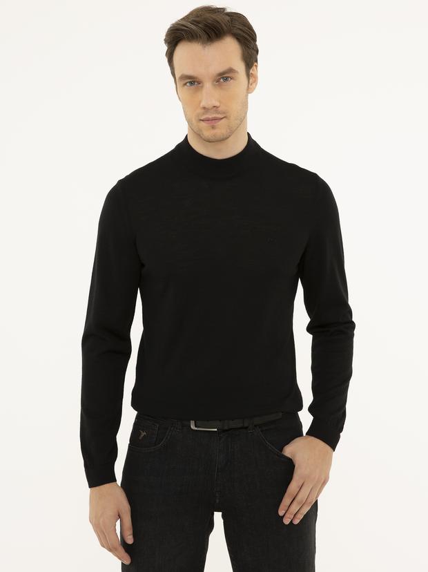 Siyah Slim Fit Çeyrek Balıkçı Yaka Basic Triko Kazak
