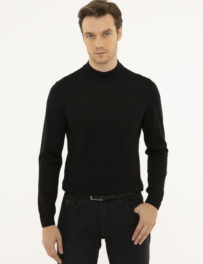 Siyah Slim Fit Çeyrek Balıkçı Yaka Basic Triko Kazak