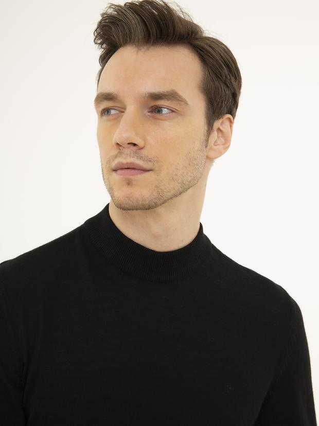Siyah Slim Fit Çeyrek Balıkçı Yaka Basic Triko Kazak